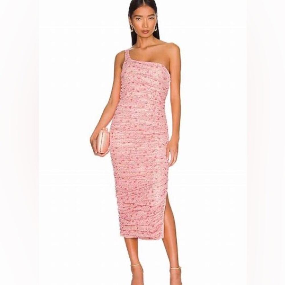 Likely Revolve Tash Pink Floral One Shoulder Sleeveless Ruched Midi Dress Size 4